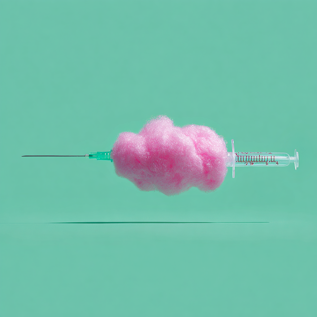 Syringe surrounded by a soft cloud, symbolizing new collagen fibers wrapping the PLLA scaffold